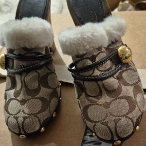 Coach Brown Patterned Clogs with Gold Details